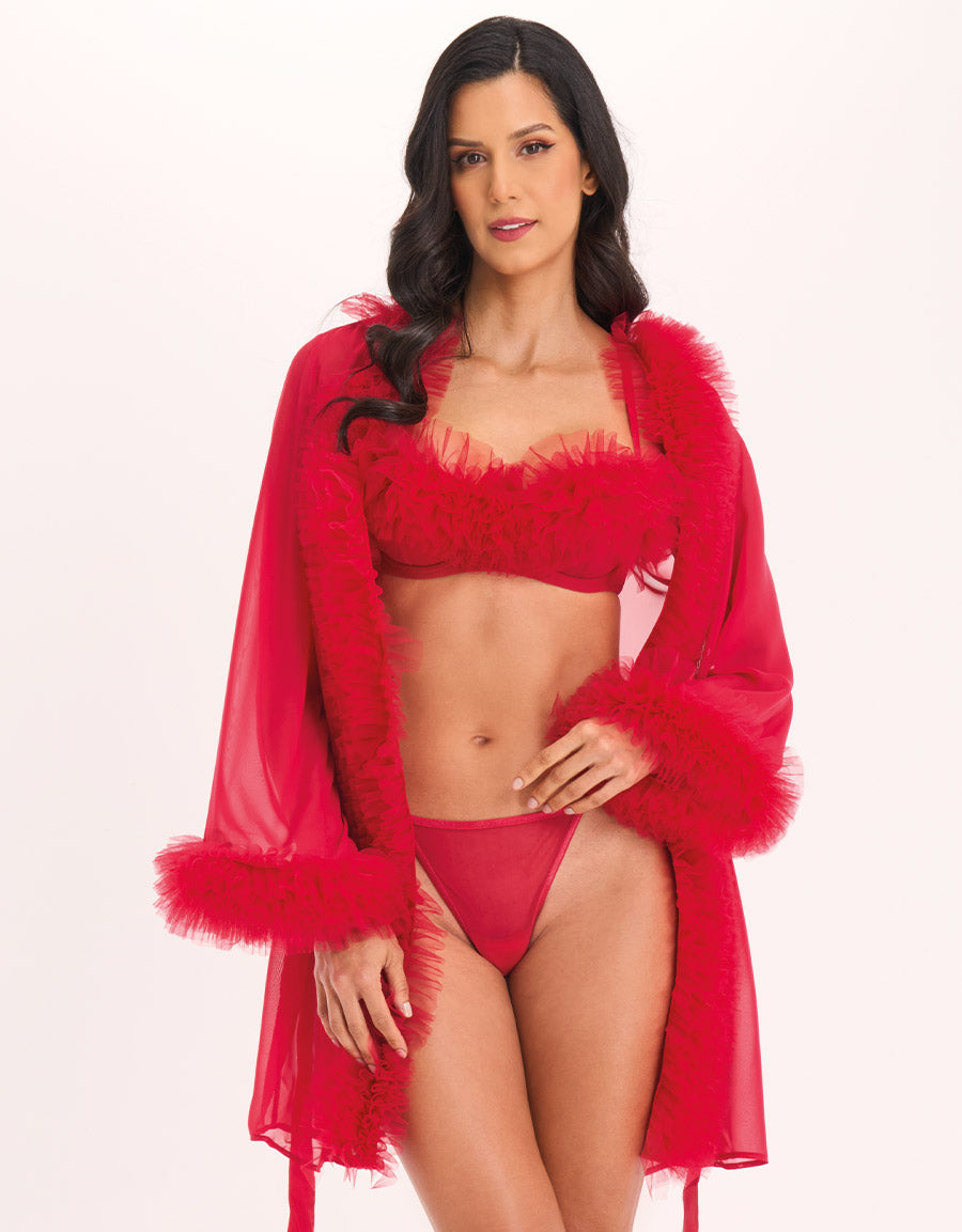 Red Bra Set And Short Robe
